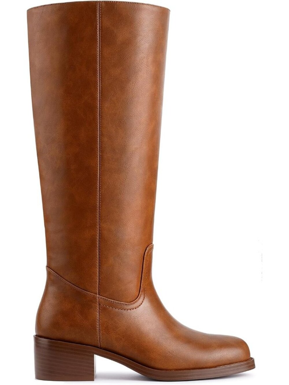 Women Banana Saddle Square Toe Chunky Block Heel Wide Calf Riding Knee High Boot